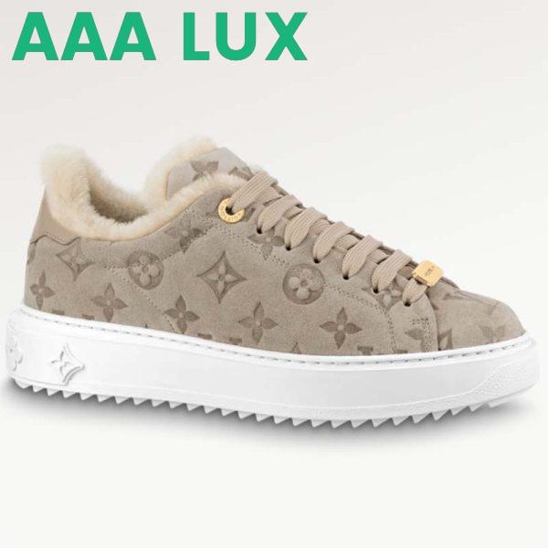Replica Louis Vuitton Women LV Time Out Sneaker Monogram Embossed Suede Calf Leather Shearling