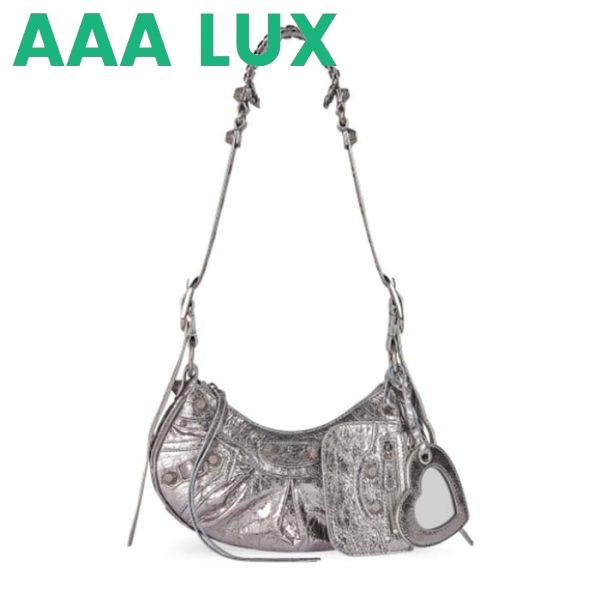 Replica Balenciaga Women BB Le Cagole XS Shoulder Bag Silver Metallized Arena Lambskin
