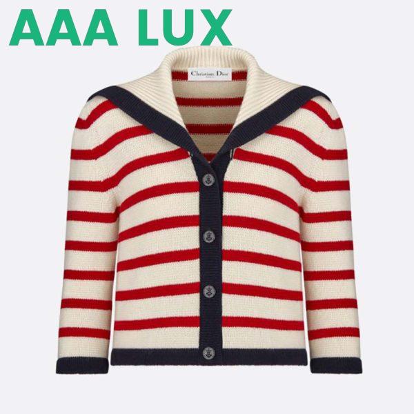 Replica Dior Women Mariniere Cardigan Red and Ecru D-Stripes Ribbed Wool and Cashmere Knit