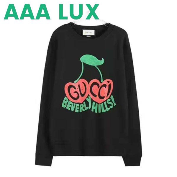 Replica Gucci Men Beverly Hills Cherry Print Sweatshirt Cotton Jersey Crewneck Puff Sleeves-Black 2