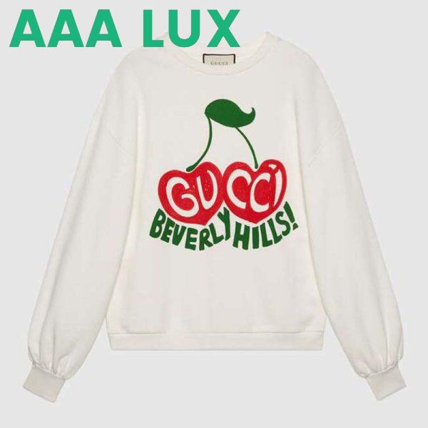 Replica Gucci Men Beverly Hills Cherry Print Sweatshirt Cotton Jersey Crewneck Puff Sleeves-White