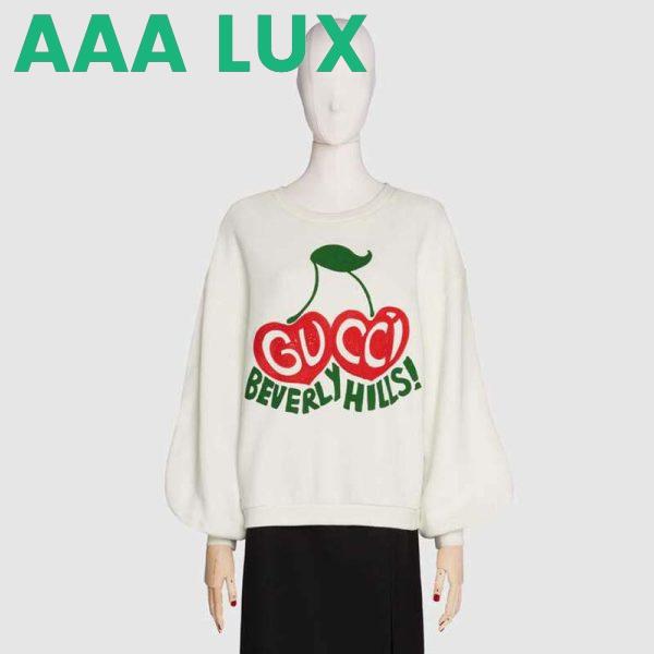 Replica Gucci Men Beverly Hills Cherry Print Sweatshirt Cotton Jersey Crewneck Puff Sleeves-White 5