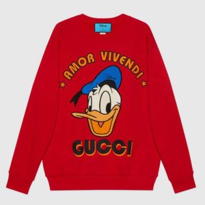 Replica Gucci Men Disney x Gucci Donald Duck Sweatshirt Cotton Crewneck Oversized Fit-Red 2