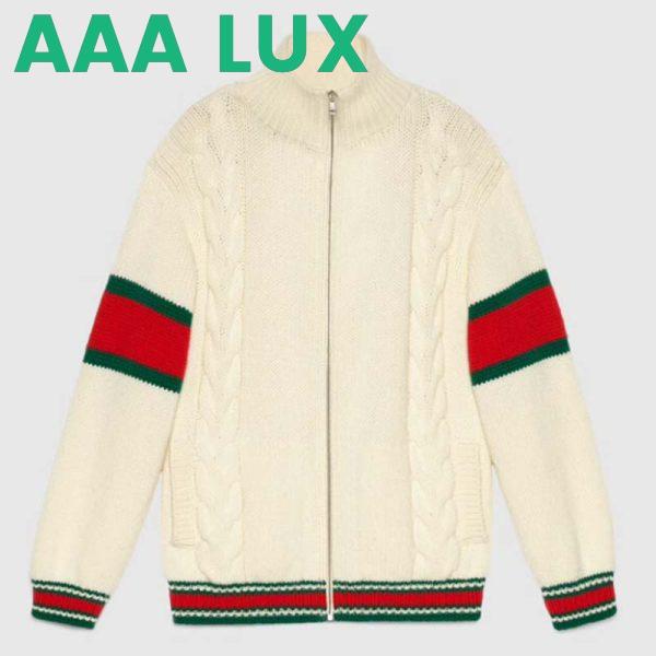 Replica Gucci Men GG Cable Knit Bomber Jacket Off-White Cable Knit Wool