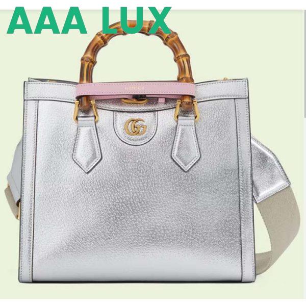Replica Gucci Women GG Diana Small Tote Bag Silver Lamé Leather Double G