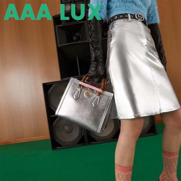 Replica Gucci Women GG Diana Small Tote Bag Silver Lamé Leather Double G 12