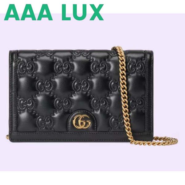Replica Gucci Women GG Matelassé Chain Wallet Black Leather Double G Chain Strap