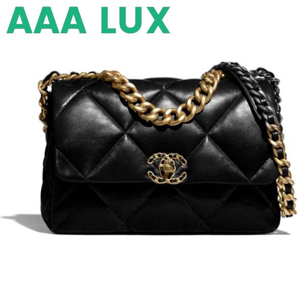 Replica Chanel Women 19 Large Handbag Black Lambskin Gold Silver-Tone Ruthenium-Finish Metal