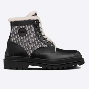 Replica Dior Unisex Dior Explorer Ankle Boot Black Smooth Calfskin Beige Black Oblique Jacquard