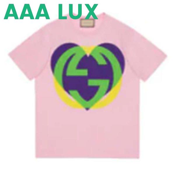 Replica Gucci Women GG Interlocking G Heart T-Shirt Pink Cotton Jersey Crewneck Oversize Fit