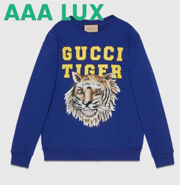 Replica Gucci Men GG Tiger Cotton Sweatshirt Blue Felted Jersey Crewneck