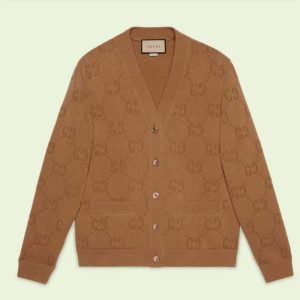 Replica Gucci Men GG Wool Cardigan Beige V-Neck Collar Two Front Pockets 2