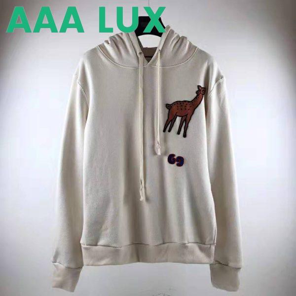 Replica Gucci Men Hooded Sweatshirt with Deer Patch in 100% Cotton-White 3