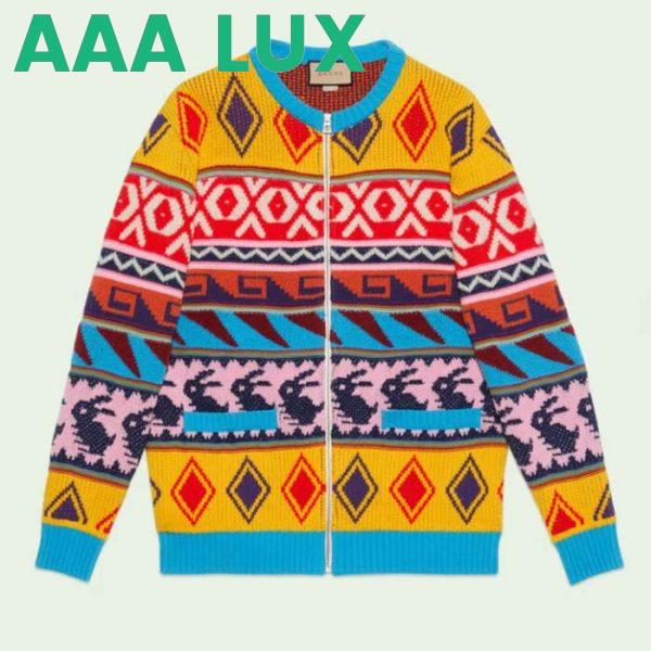 Replica Gucci Men GG Wool Jacquard Zip Jacket Multicolor Geometric Motif Wool Bunny Label