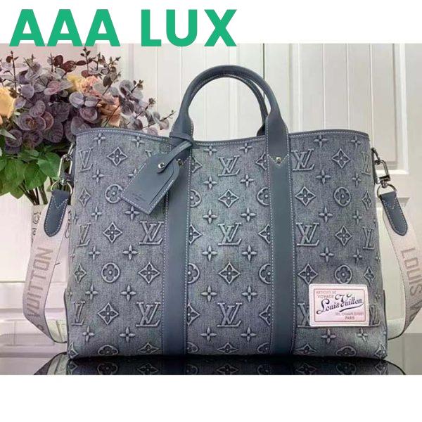 Replica Louis Vuitton Unisex Weekend Tote NM Monogram Washed Denim Coated Canvas Cowhide Leather 3