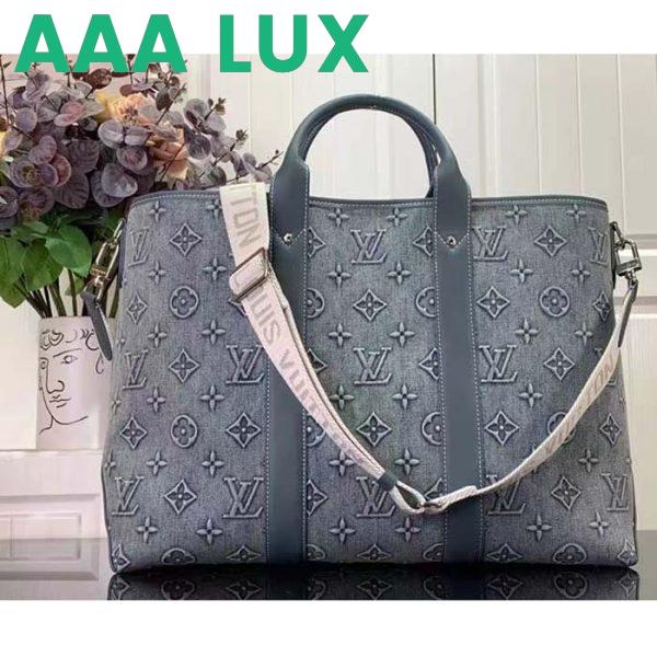 Replica Louis Vuitton Unisex Weekend Tote NM Monogram Washed Denim Coated Canvas Cowhide Leather 4