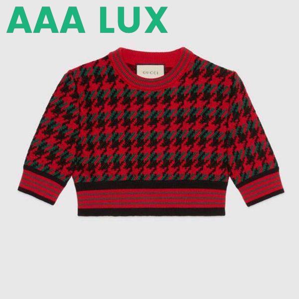 Replica Gucci Women Houndstooth Wool Cropped Sweater Crew Neck Cropped Shape Red and Black