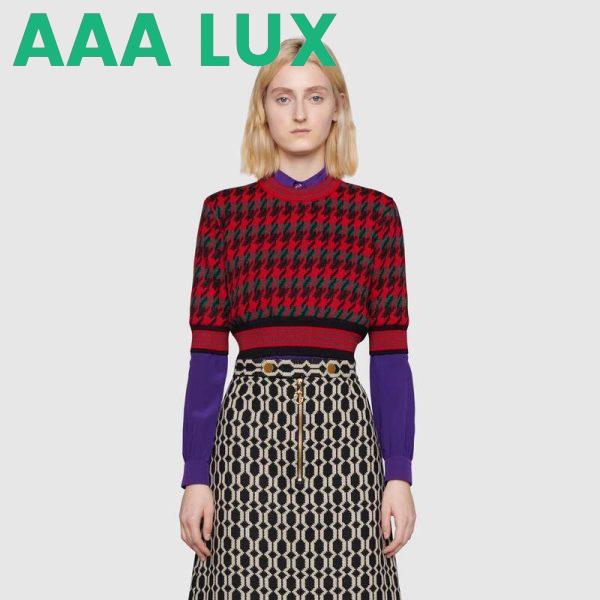 Replica Gucci Women Houndstooth Wool Cropped Sweater Crew Neck Cropped Shape Red and Black 11