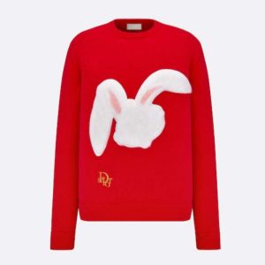 Replica Dior Men CD By Erl Sweater Rabbit Patch Red Cotton-Blend Jersey Round Neck