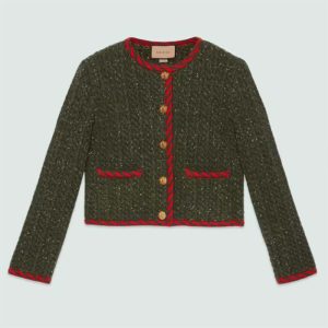 Replica Gucci Women GG Cable Knit Wool Jacket Dark Green Cable Knit Wool Green Red Stripe 2