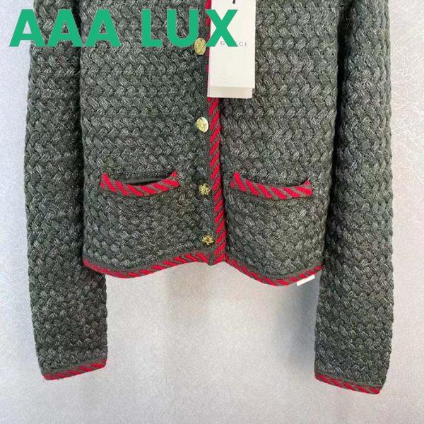 Replica Gucci Women GG Cable Knit Wool Jacket Dark Green Cable Knit Wool Green Red Stripe 6