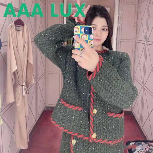 Replica Gucci Women GG Cable Knit Wool Jacket Dark Green Cable Knit Wool Green Red Stripe 9
