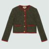 Replica Gucci Women GG Cable Knit Wool Jacket Dark Green Cable Knit Wool Green Red Stripe 15