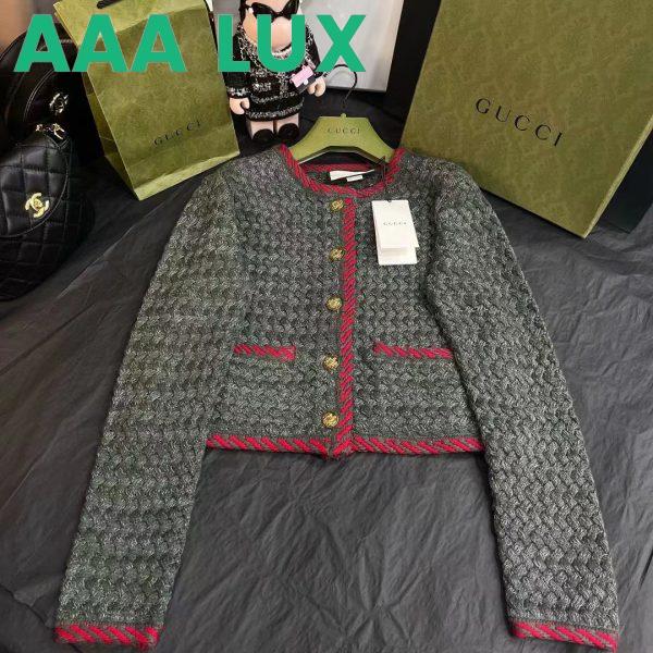Replica Gucci Women GG Cable Knit Wool Jacket Dark Green Collarless Wool Cotton 3