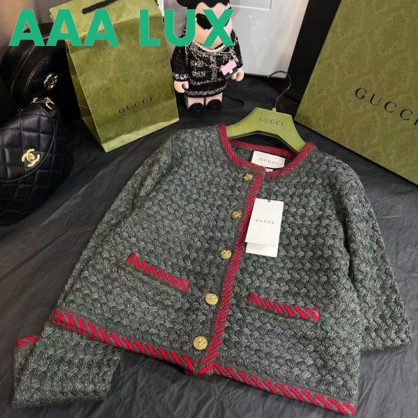 Replica Gucci Women GG Cable Knit Wool Jacket Dark Green Collarless Wool Cotton 4