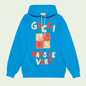 Replica Gucci Women GG Cotton Jersey Sweatshirt Turquoise Felted Cotton Jersey Long Sleeves