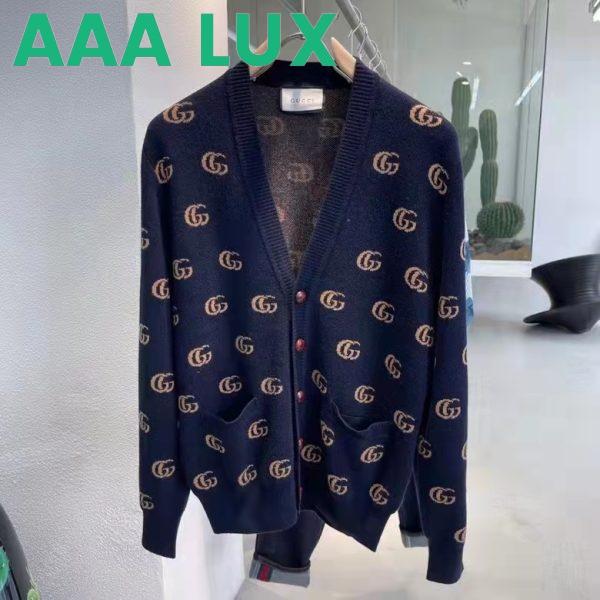 Replica Gucci Women GG Knit Cashmere Jacquard Cardigan Blue Beige Long Sleeves V-Neck 2