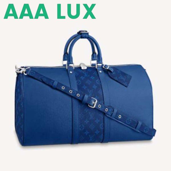 Replica Louis Vuitton LV Unisex Keepall Bandoulière 50 Blue Taiga Cowhide Leather Monogram Eclipse Coated Canvas