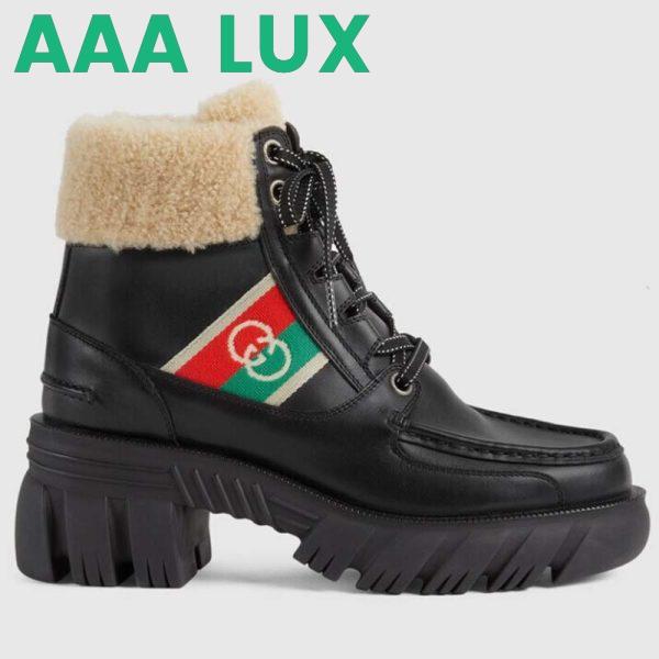 Replica Gucci Women Ankle Boot Stripe Black Leather Merino Wool Mid 6 Cm Heel