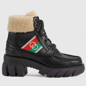 Replica Gucci Women Ankle Boot Stripe Black Leather Merino Wool Mid 6 Cm Heel 2
