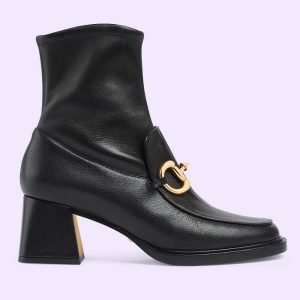 Replica Gucci Women Boot Horsebit Black Smooth Stretch Leather Gold Plated Block Mid Heel 2