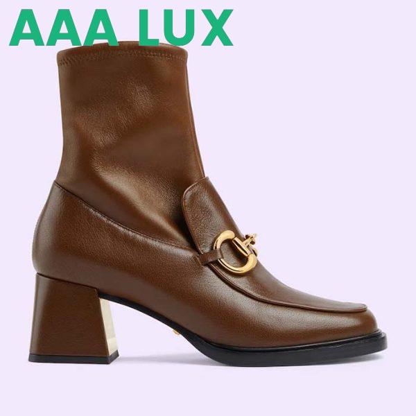 Replica Gucci Women Boot Horsebit Brown Smooth Stretch Leather Gold Plated Block Mid Heel 2