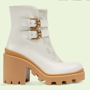 Replica Gucci Women GG Ankle Boot Buckles White Leather Rubber Sole Mid-Heel 2