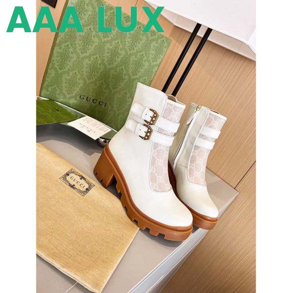 Replica Gucci Women GG Ankle Boot Buckles White Leather Rubber Sole Mid-Heel 3