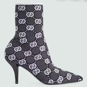 Replica Gucci Women GG Knit Ankle Boots Black White GG Technical Fabric Leather Mid-Heel 2