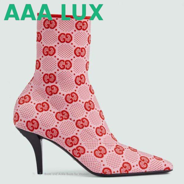 Replica Gucci Women GG Knit Ankle Boots Pink Red GG Technical Fabric Leather Mid-Heel