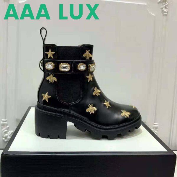 Replica Gucci Women Gucci Embroidered Leather Ankle Boot with Belt in Black leather 6 cm Heel 3