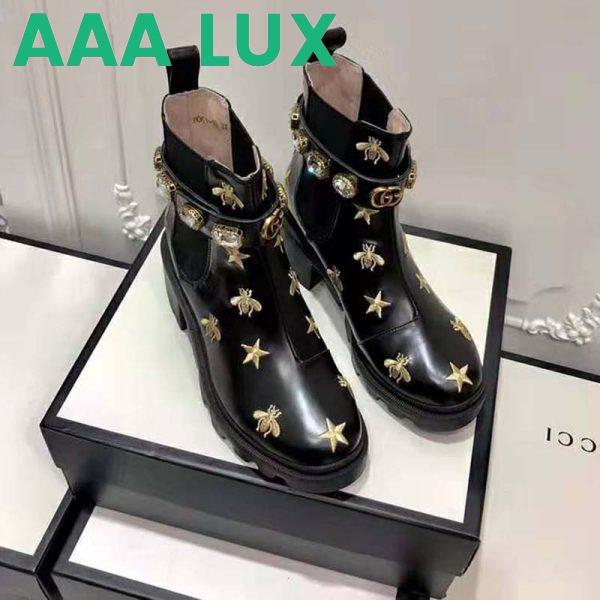 Replica Gucci Women Gucci Embroidered Leather Ankle Boot with Belt in Black leather 6 cm Heel 5
