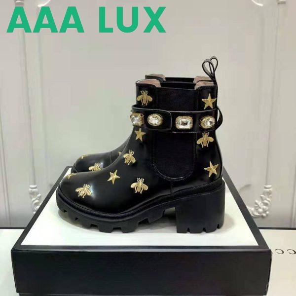 Replica Gucci Women Gucci Embroidered Leather Ankle Boot with Belt in Black leather 6 cm Heel 6