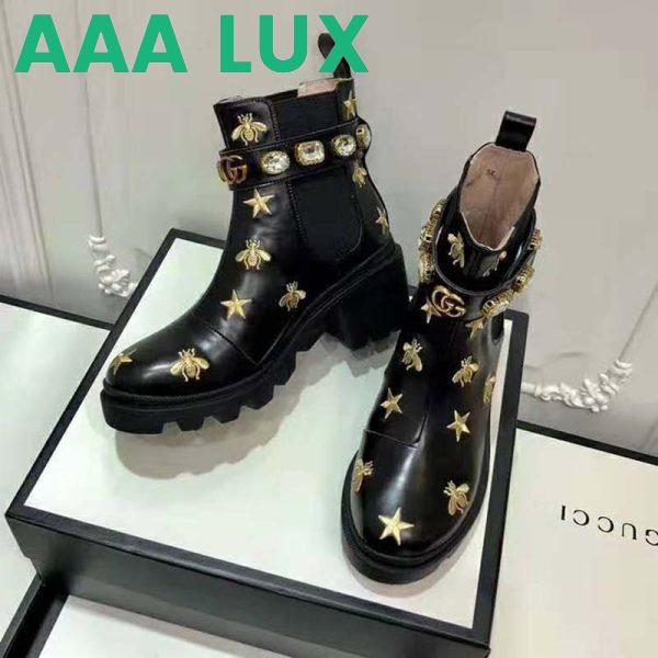 Replica Gucci Women Gucci Embroidered Leather Ankle Boot with Belt in Black leather 6 cm Heel 8