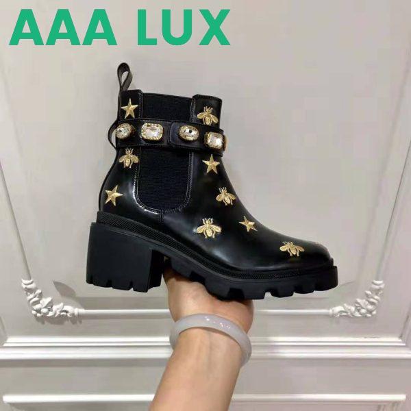 Replica Gucci Women Gucci Embroidered Leather Ankle Boot with Belt in Black leather 6 cm Heel 9