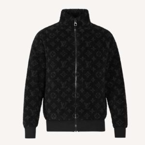 Replica Louis Vuitton Men Monogram Jacquard Fleece Zip-Through Jacket Polyester Black Slightly Loose Fit 2