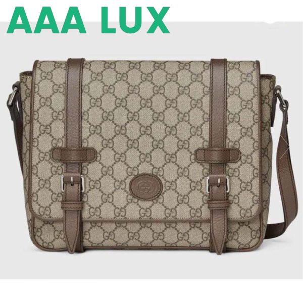 Replica Gucci Unisex GG Messenger Bag Beige Ebony GG Supreme Canvas Brown Leather 2