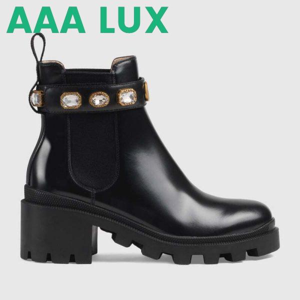 Replica Gucci Women Leather Ankle Boot with Belt 6 cm Heel in Black Shiny Leather