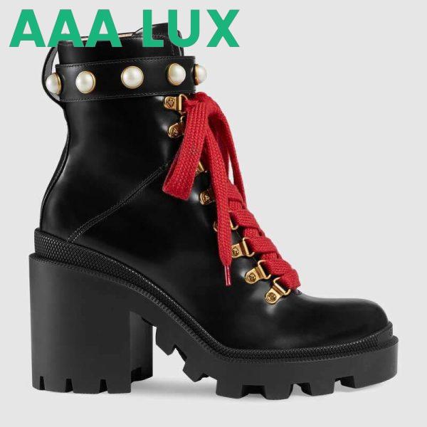 Replica Gucci Women Leather Ankle Boot with Red Laces in Black Shiny Leather 2