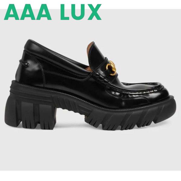 Replica Gucci Women Loafer with Horsebit Black Leather Rubber Lug Sole 4 cm Heel